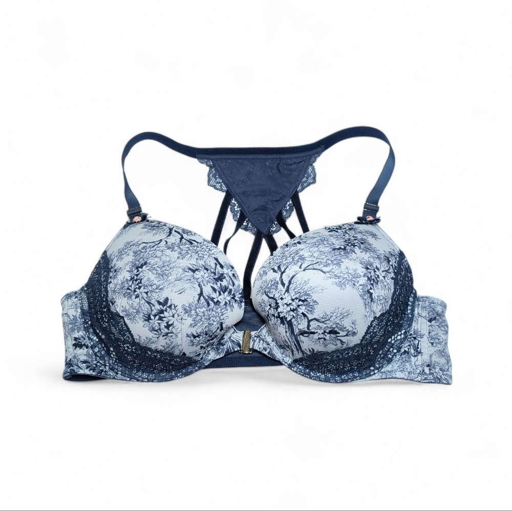 Cacique Navy & White Floral Lace Toile Design Boost Plunge Underwire Bra 44B